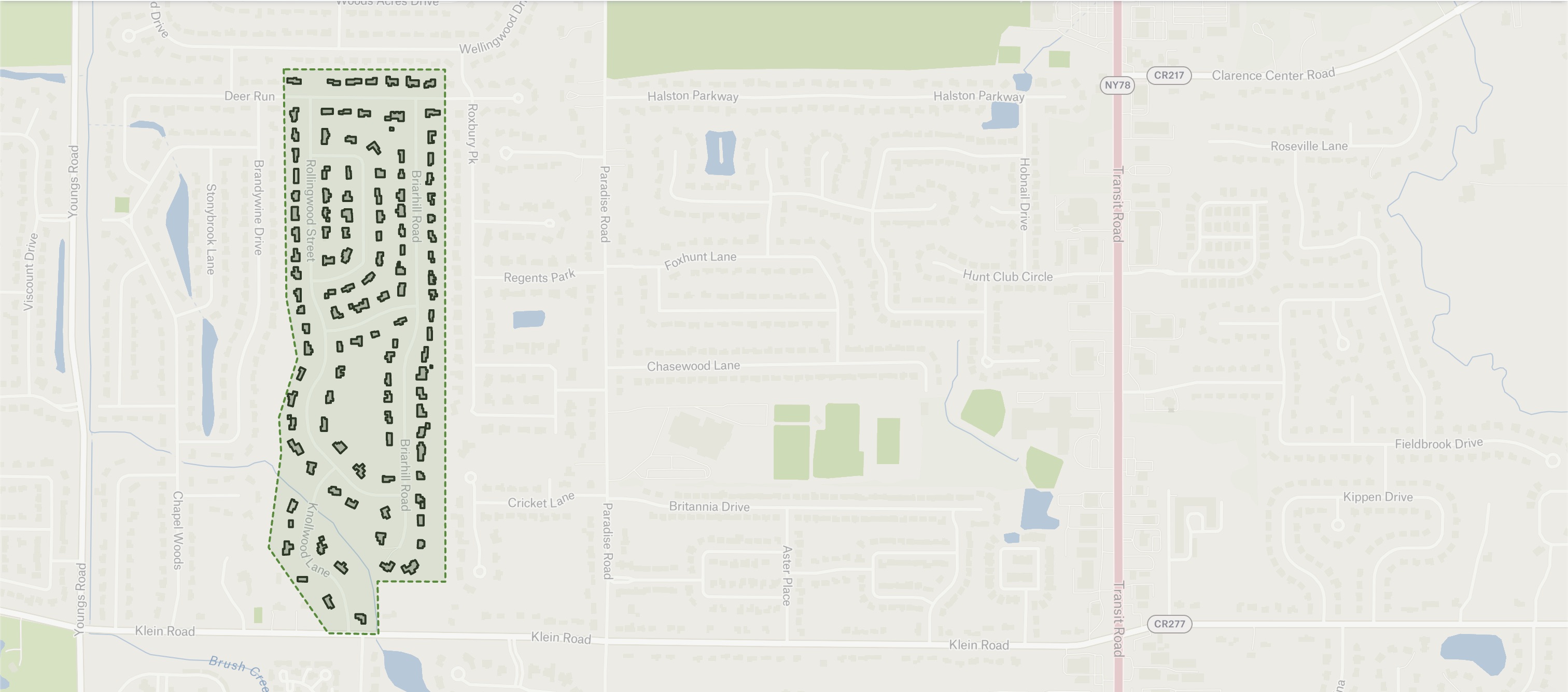 Map of Woodstream Farms with neighborhood boundary and street names